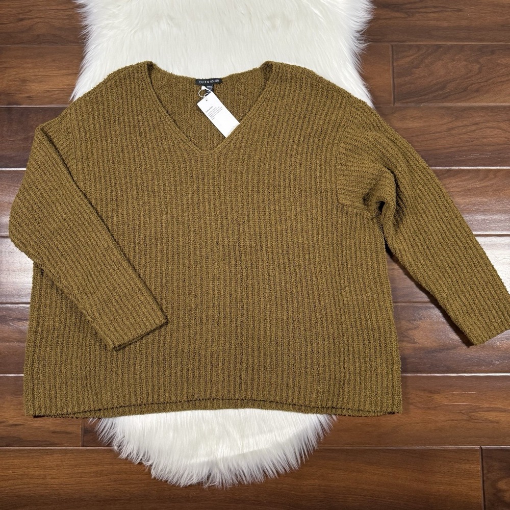 Eileen Fisher Womens Size Large Organic Cotton Fluff V Neck Sweater Top Cashmere